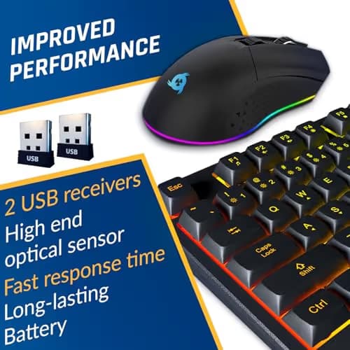 KLIM Chroma Wireless Keyboard and Mouse – RGB Backlit Gaming Combo, Rechargeable Wireless Keyboard & RGB Mouse, Durable & Ergonomic, Dual USB Receivers, Compatible with PC, Mac, PS4, PS5 image