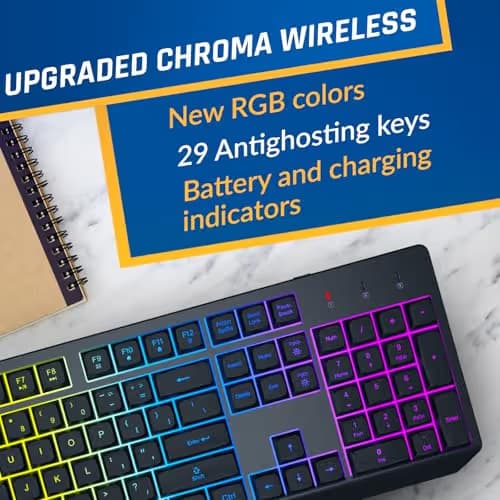 KLIM Chroma Wireless Keyboard and Mouse – RGB Backlit Gaming Combo, Rechargeable Wireless Keyboard & RGB Mouse, Durable & Ergonomic, Dual USB Receivers, Compatible with PC, Mac, PS4, PS5 image