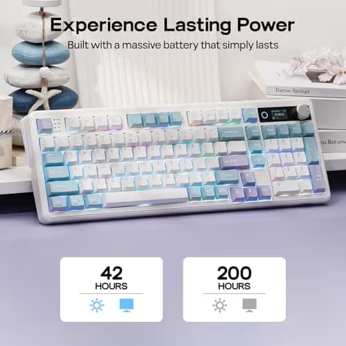 EPOMAKER TH99 PRO 96% Mechanical Keyboard with Screen & Knob, 10000mAh, 2.4Ghz/BT, Hot Swap, Custom Driver, RGB Backlight, PBT Keycap, Wireless Gaming Keyboard for PC/Mac (Blue&White, Creamy Jade) image