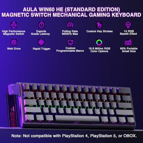 Aula WIN60 HE - 60% Mechanical Gaming Keyboard Wired, Magnetic Switch Hot Swappable, Adjustable Actuation Rapid Trigger Mode, 8000 Hz Polling Rate, RGB Small Keyboard 60 Percent Compact Design for PC image