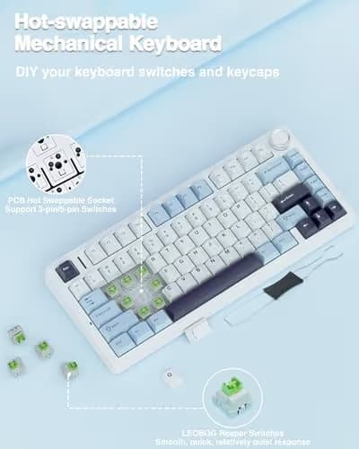 AULA F75 75% Wireless Mechanical Keyboard, Hot Swappable Creamy Keyboard, Pre-lubed Reaper Switches, 2.4GHz/Type-C/BT5.0, RGB Backlit Gaming Keyboards(White & Blue) image