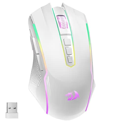 Redragon Wireless Gaming Mouse with RGB Backlit, 8000 DPI, with Fire Button, Macro Editing Programmable,70Hrs for Windows/Mac, Rechargeable, White, M910-WS image