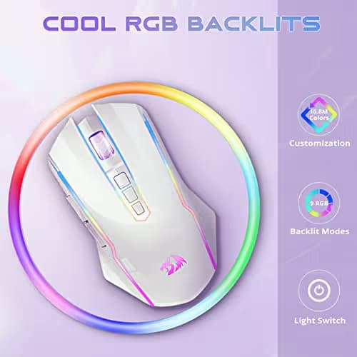 Redragon Wireless Gaming Mouse with RGB Backlit, 8000 DPI, with Fire Button, Macro Editing Programmable,70Hrs for Windows/Mac, Rechargeable, White, M910-WS image