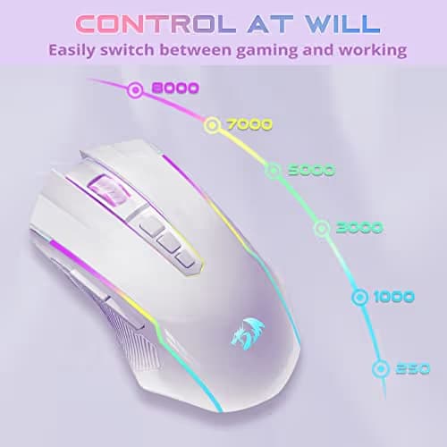 Redragon Wireless Gaming Mouse with RGB Backlit, 8000 DPI, with Fire Button, Macro Editing Programmable,70Hrs for Windows/Mac, Rechargeable, White, M910-WS image