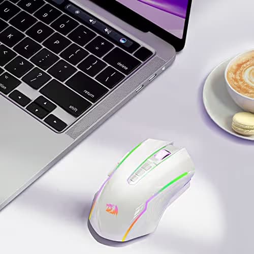 Redragon Wireless Gaming Mouse with RGB Backlit, 8000 DPI, with Fire Button, Macro Editing Programmable,70Hrs for Windows/Mac, Rechargeable, White, M910-WS image