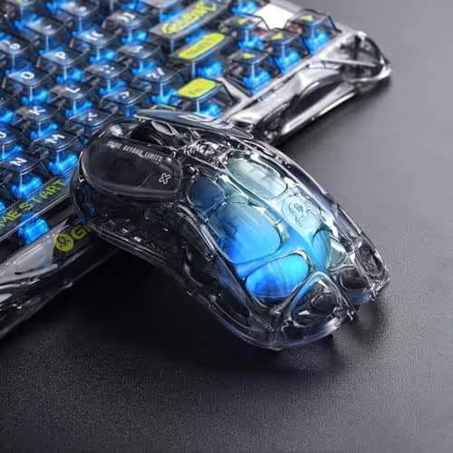 GravaStar Mercury M2 Wireless Gaming Mouse with 26,000 DPI, PAW3395DM Sensor -79g Lightweight Hollowed-Out Design -5 Programmable Buttons -5 Dynamic Lightsync RGB - Transparent Black image