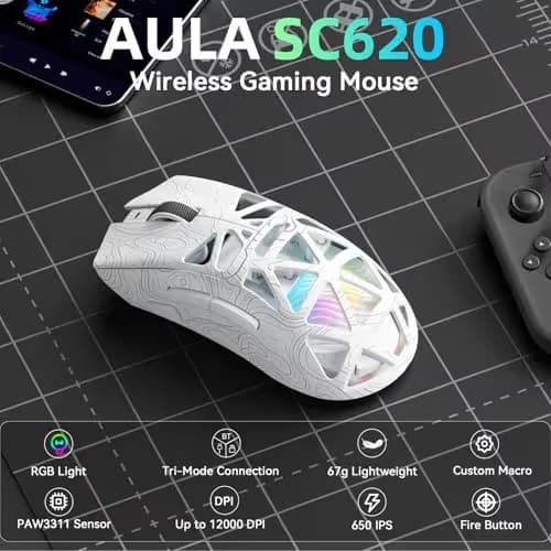 Aula SC620 Wireless Gaming Mouse, Tri-Mode 2.4GHz/USB-C/BT5.3 Computer Mouse with 12000 DPI, Programmable Macro Gamer Mouse with Rapid Fire Key, RGB Light Gaming Mice for PC/Laptop/Mac (Line White) image
