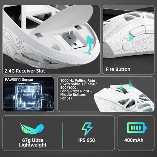 Aula SC620 Wireless Gaming Mouse, Tri-Mode 2.4GHz/USB-C/BT5.3 Computer Mouse with 12000 DPI, Programmable Macro Gamer Mouse with Rapid Fire Key, RGB Light Gaming Mice for PC/Laptop/Mac (Line White) image