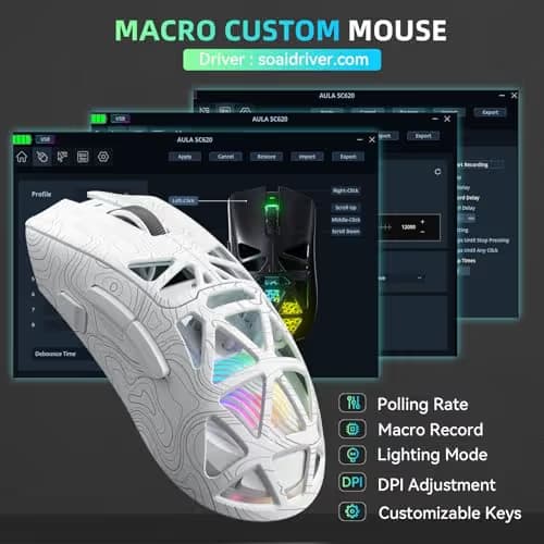 Aula SC620 Wireless Gaming Mouse, Tri-Mode 2.4GHz/USB-C/BT5.3 Computer Mouse with 12000 DPI, Programmable Macro Gamer Mouse with Rapid Fire Key, RGB Light Gaming Mice for PC/Laptop/Mac (Line White) image