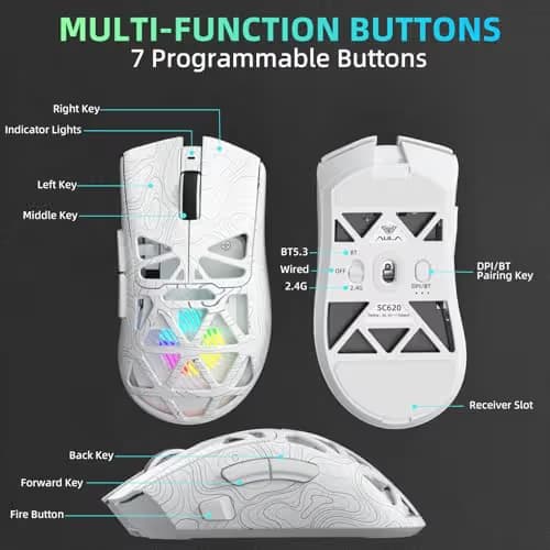 Aula SC620 Wireless Gaming Mouse, Tri-Mode 2.4GHz/USB-C/BT5.3 Computer Mouse with 12000 DPI, Programmable Macro Gamer Mouse with Rapid Fire Key, RGB Light Gaming Mice for PC/Laptop/Mac (Line White) image