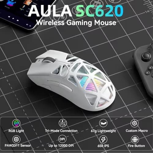 Aula SC620 Wireless Gaming Mouse, Tri-Mode 2.4GHz/USB-C/BT5.3 Computer Mouse with 12000 DPI, Programmable Macro Gamer Mouse with Rapid Fire Key, RGB Light White Gaming Mice for PC/Laptop/Mac image