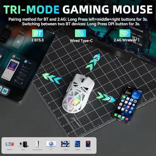 Aula SC620 Wireless Gaming Mouse, Tri-Mode 2.4GHz/USB-C/BT5.3 Computer Mouse with 12000 DPI, Programmable Macro Gamer Mouse with Rapid Fire Key, RGB Light White Gaming Mice for PC/Laptop/Mac image