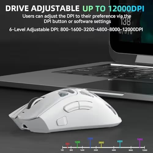 Aula SC620 Wireless Gaming Mouse, Tri-Mode 2.4GHz/USB-C/BT5.3 Computer Mouse with 12000 DPI, Programmable Macro Gamer Mouse with Rapid Fire Key, RGB Light White Gaming Mice for PC/Laptop/Mac image