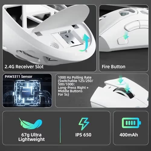 Aula SC620 Wireless Gaming Mouse, Tri-Mode 2.4GHz/USB-C/BT5.3 Computer Mouse with 12000 DPI, Programmable Macro Gamer Mouse with Rapid Fire Key, RGB Light White Gaming Mice for PC/Laptop/Mac image