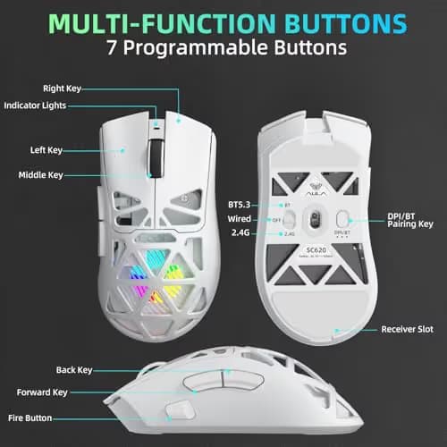 Aula SC620 Wireless Gaming Mouse, Tri-Mode 2.4GHz/USB-C/BT5.3 Computer Mouse with 12000 DPI, Programmable Macro Gamer Mouse with Rapid Fire Key, RGB Light White Gaming Mice for PC/Laptop/Mac image