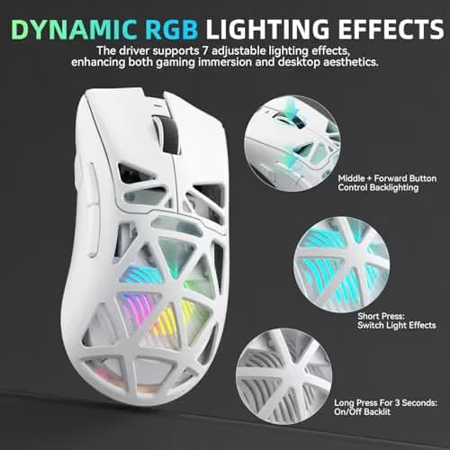 Aula SC620 Wireless Gaming Mouse, Tri-Mode 2.4GHz/USB-C/BT5.3 Computer Mouse with 12000 DPI, Programmable Macro Gamer Mouse with Rapid Fire Key, RGB Light White Gaming Mice for PC/Laptop/Mac image