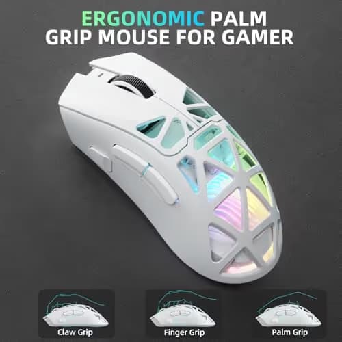 Aula SC620 Wireless Gaming Mouse, Tri-Mode 2.4GHz/USB-C/BT5.3 Computer Mouse with 12000 DPI, Programmable Macro Gamer Mouse with Rapid Fire Key, RGB Light White Gaming Mice for PC/Laptop/Mac image