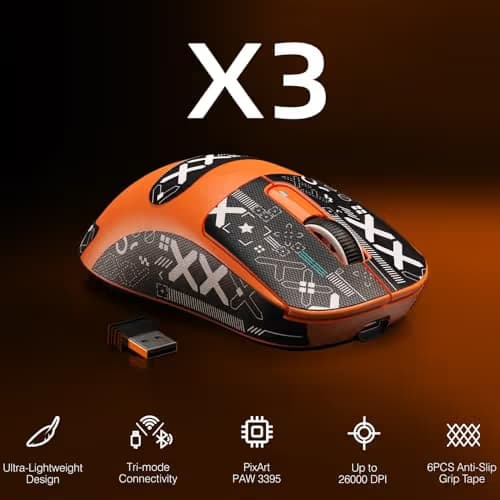 MANBASNAKE Attack Shark X3 Wireless Gaming Mouse, 49g Triple Mode Ergonomic Computer Mouse, PAW3395 26K DPI Sensor, 200h Battery Life, Griptape, Programmable Buttons for PC/Laptop/Mac (Orange) image
