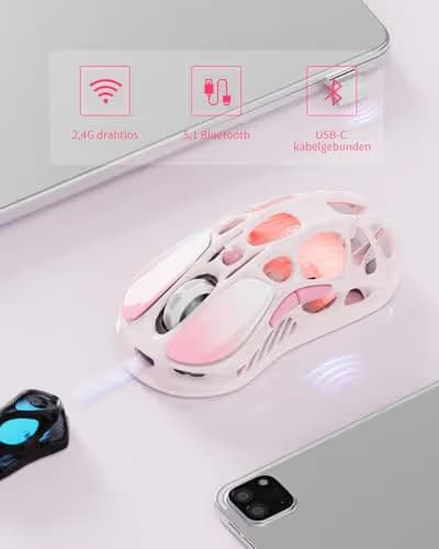 GravaStar Mercury M1 Pro Wireless Gaming Mouse, Lightweight Magnesium Alloy, 26,000 DPI, PAW3395DM Sensor, 5 Programmable Buttons, Support Wired/2.4GHz/BT, Up to 200 Hours Battery Life (Gradient Pink) image
