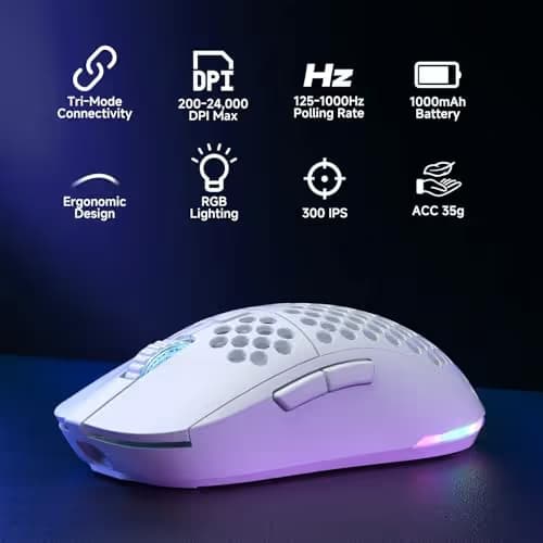 DIERYA M1 Wireless Gaming Mouse, 24000DPI, 180Hrs Battery, 16.8M RGB, 6 Programmable Buttons, Lightweight, Tri-Mode (2.4G/BT5.2/USB-C) for PC/Mac/Laptop - White image
