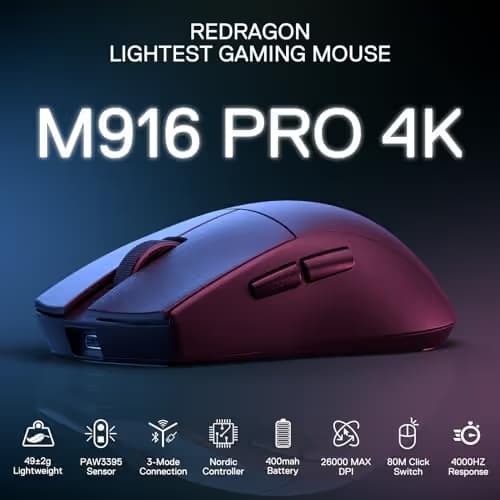 Redragon M916 PRO 3-Mode Wireless Gaming Mouse, Hype-Speed 4K Polling Rate, 49G Ultra-Light 26K DPI Mouse w/Ergonomic Natural Grip Build, Redefinable Macro Buttons, Software Supported image