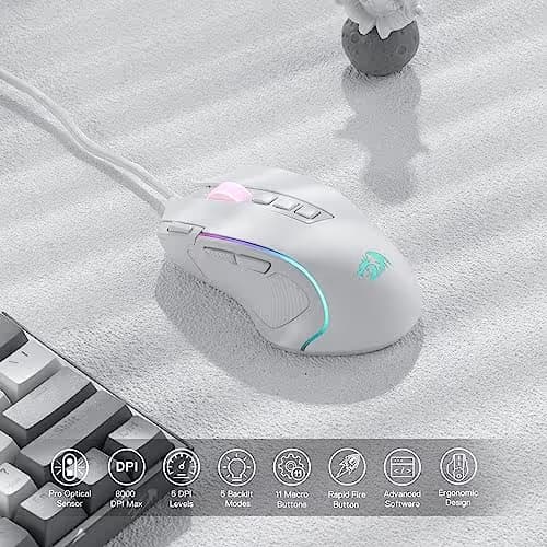 Redragon M612 Predator RGB Gaming Mouse, 8000 DPI Wired Optical Mouse with 11 Programmable Buttons & 5 Backlit Modes, Software Supports DIY Keybinds Rapid Fire Button, White image