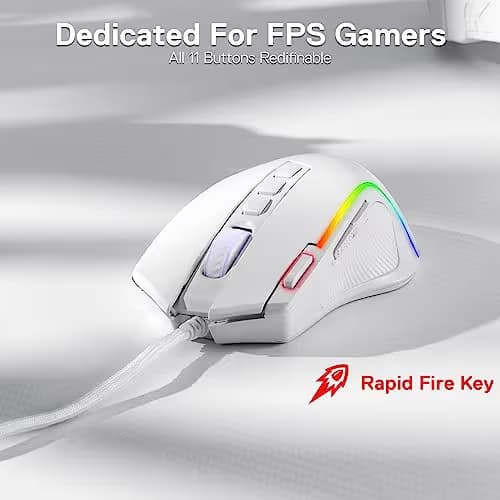 Redragon M612 Predator RGB Gaming Mouse, 8000 DPI Wired Optical Mouse with 11 Programmable Buttons & 5 Backlit Modes, Software Supports DIY Keybinds Rapid Fire Button, White image