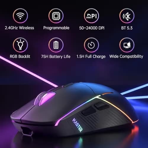 FFJ Wireless Gaming Mouse, 24000 DPI, Tri-Mode 2.4G/USB-C/Bluetooth 5.3 Gaming Mouse Wireless, RGB Programmable Mouse Gamer, 75Hrs Battery Life, Rechargeable Gaming Mice for PC, Mac, Black image