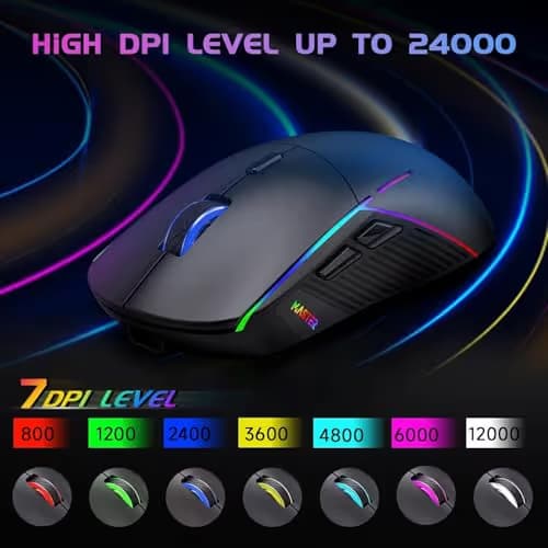 FFJ Wireless Gaming Mouse, 24000 DPI, Tri-Mode 2.4G/USB-C/Bluetooth 5.3 Gaming Mouse Wireless, RGB Programmable Mouse Gamer, 75Hrs Battery Life, Rechargeable Gaming Mice for PC, Mac, Black image