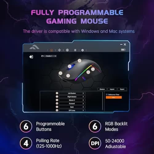 FFJ Wireless Gaming Mouse, 24000 DPI, Tri-Mode 2.4G/USB-C/Bluetooth 5.3 Gaming Mouse Wireless, RGB Programmable Mouse Gamer, 75Hrs Battery Life, Rechargeable Gaming Mice for PC, Mac, Black image