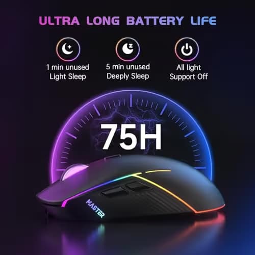 FFJ Wireless Gaming Mouse, 24000 DPI, Tri-Mode 2.4G/USB-C/Bluetooth 5.3 Gaming Mouse Wireless, RGB Programmable Mouse Gamer, 75Hrs Battery Life, Rechargeable Gaming Mice for PC, Mac, Black image