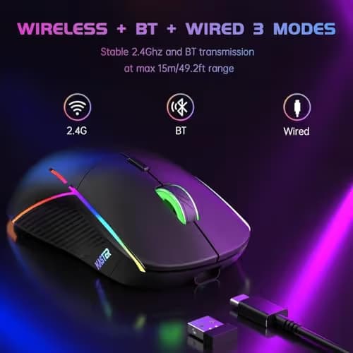 FFJ Wireless Gaming Mouse, 24000 DPI, Tri-Mode 2.4G/USB-C/Bluetooth 5.3 Gaming Mouse Wireless, RGB Programmable Mouse Gamer, 75Hrs Battery Life, Rechargeable Gaming Mice for PC, Mac, Black image