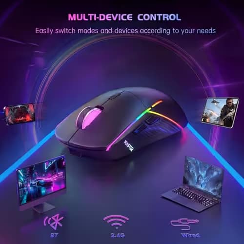 FFJ Wireless Gaming Mouse, 24000 DPI, Tri-Mode 2.4G/USB-C/Bluetooth 5.3 Gaming Mouse Wireless, RGB Programmable Mouse Gamer, 75Hrs Battery Life, Rechargeable Gaming Mice for PC, Mac, Black image