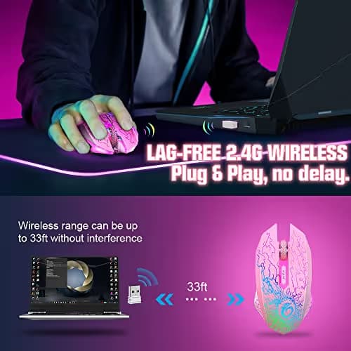 VersionTECH. Wireless Gaming Mouse, Rechargeable Computer Mouse Mice with Colorful LED Lights, Silent Click, 2.4G USB Nano Receiver, 3 Level DPI for PC Gamer Laptop Desktop Chromebook Mac-Pink image