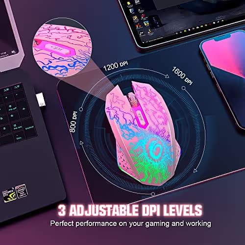 VersionTECH. Wireless Gaming Mouse, Rechargeable Computer Mouse Mice with Colorful LED Lights, Silent Click, 2.4G USB Nano Receiver, 3 Level DPI for PC Gamer Laptop Desktop Chromebook Mac-Pink image