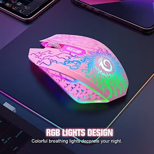 VersionTECH. Wireless Gaming Mouse, Rechargeable Computer Mouse Mice with Colorful LED Lights, Silent Click, 2.4G USB Nano Receiver, 3 Level DPI for PC Gamer Laptop Desktop Chromebook Mac-Pink image
