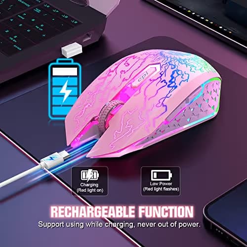 VersionTECH. Wireless Gaming Mouse, Rechargeable Computer Mouse Mice with Colorful LED Lights, Silent Click, 2.4G USB Nano Receiver, 3 Level DPI for PC Gamer Laptop Desktop Chromebook Mac-Pink image