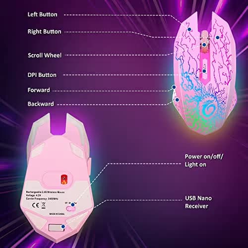 VersionTECH. Wireless Gaming Mouse, Rechargeable Computer Mouse Mice with Colorful LED Lights, Silent Click, 2.4G USB Nano Receiver, 3 Level DPI for PC Gamer Laptop Desktop Chromebook Mac-Pink image