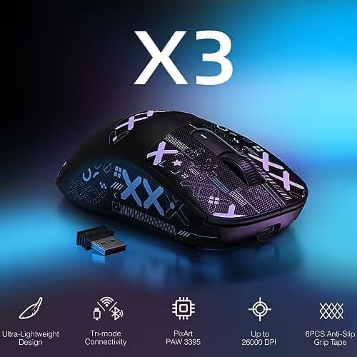 MANBASNAKE Attack Shark X3 Wireless Gaming Mouse, 49g Lightweight Triple Mode Ergonomic Computer Mouse, PAW3395 26K DPI Sensor, 200h Battery Life, Griptape Programmable Buttons for PC/Laptop/Mac/Win image