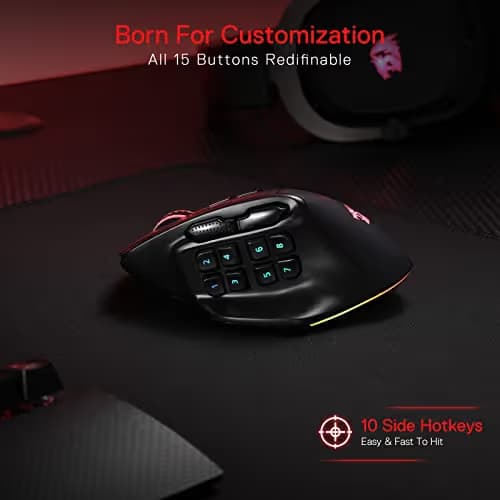 Redragon M811 PRO Wireless MMO Gaming Mouse, 15 Programmable Buttons RGB Gamer Mouse w/Ergonomic Natural Grip Build, 10 Side Macro Keys, Software Supports DIY Keybinds & Backlit image