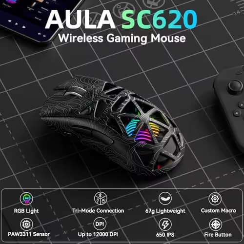 Aula SC620 Wireless Gaming Mouse, Tri-Mode 2.4GHz/USB-C/BT5.3 Computer Mouse with 12000 DPI, Programmable Macro Gamer Mouse with Rapid Fire Key, RGB Light Gaming Mice for PC/Laptop/Mac image