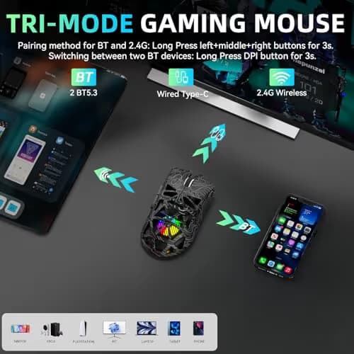 Aula SC620 Wireless Gaming Mouse, Tri-Mode 2.4GHz/USB-C/BT5.3 Computer Mouse with 12000 DPI, Programmable Macro Gamer Mouse with Rapid Fire Key, RGB Light Gaming Mice for PC/Laptop/Mac image