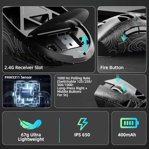 Aula SC620 Wireless Gaming Mouse, Tri-Mode 2.4GHz/USB-C/BT5.3 Computer Mouse with 12000 DPI, Programmable Macro Gamer Mouse with Rapid Fire Key, RGB Light Gaming Mice for PC/Laptop/Mac image