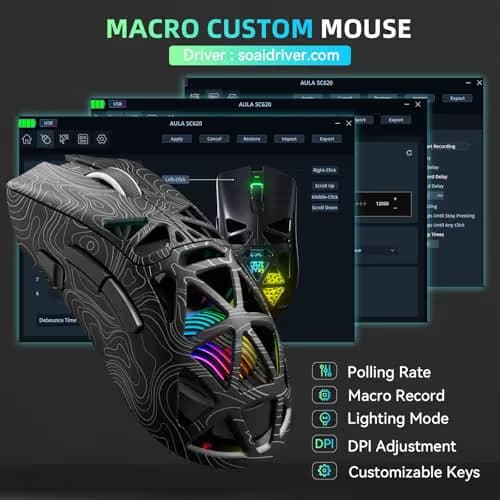 Aula SC620 Wireless Gaming Mouse, Tri-Mode 2.4GHz/USB-C/BT5.3 Computer Mouse with 12000 DPI, Programmable Macro Gamer Mouse with Rapid Fire Key, RGB Light Gaming Mice for PC/Laptop/Mac image