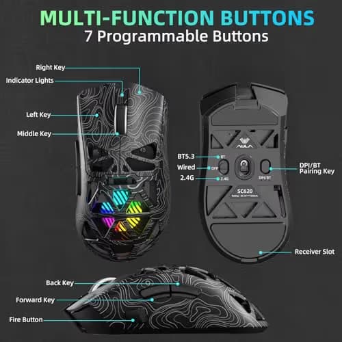 Aula SC620 Wireless Gaming Mouse, Tri-Mode 2.4GHz/USB-C/BT5.3 Computer Mouse with 12000 DPI, Programmable Macro Gamer Mouse with Rapid Fire Key, RGB Light Gaming Mice for PC/Laptop/Mac image