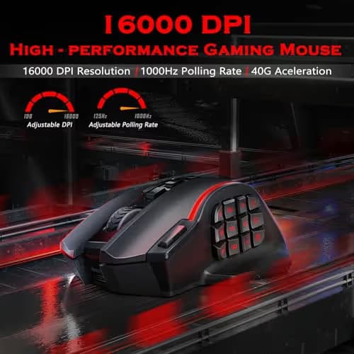 Redragon Wireless Gaming Mouse, MMO Gaming Mouse UP 16,000 DPI, 16 Macro Programmable Buttons, RGB Rechargeable with 12 Side Buttons, 70Hrs for PC Laptop MOBA FPS, M901P-KS image