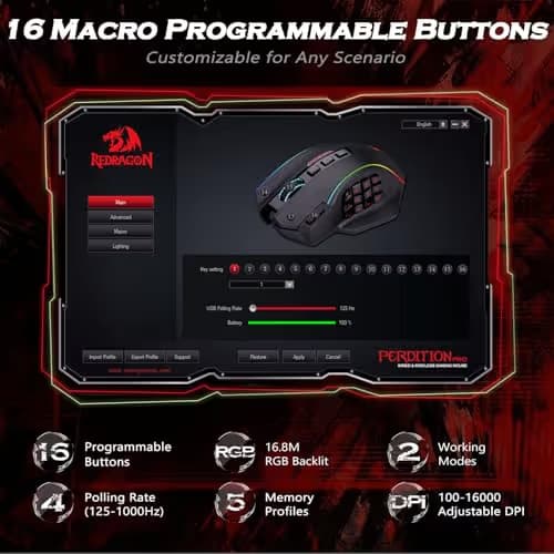 Redragon Wireless Gaming Mouse, MMO Gaming Mouse UP 16,000 DPI, 16 Macro Programmable Buttons, RGB Rechargeable with 12 Side Buttons, 70Hrs for PC Laptop MOBA FPS, M901P-KS image