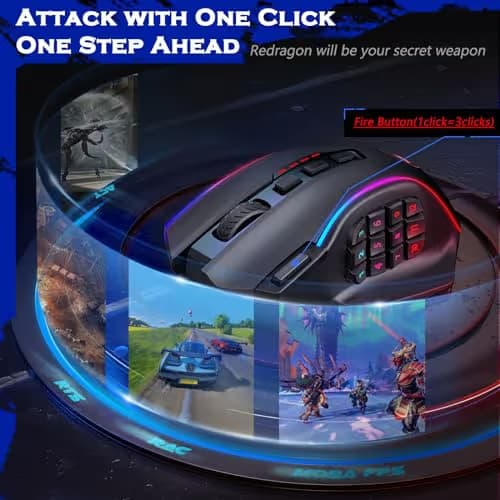 Redragon Wireless Gaming Mouse, MMO Gaming Mouse UP 16,000 DPI, 16 Macro Programmable Buttons, RGB Rechargeable with 12 Side Buttons, 70Hrs for PC Laptop MOBA FPS, M901P-KS image