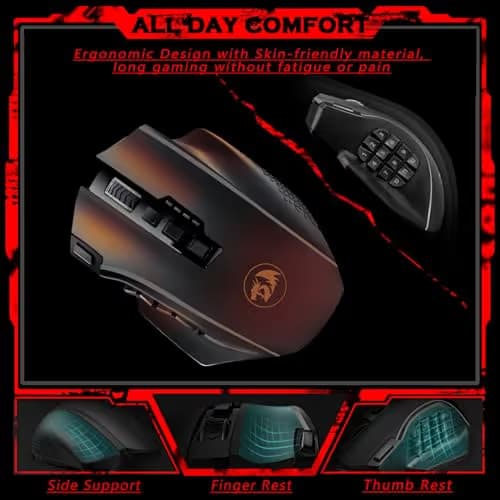 Redragon Wireless Gaming Mouse, MMO Gaming Mouse UP 16,000 DPI, 16 Macro Programmable Buttons, RGB Rechargeable with 12 Side Buttons, 70Hrs for PC Laptop MOBA FPS, M901P-KS image