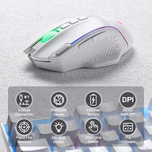 Redragon M991 Wireless Gaming Mouse, 26000 DPI 3-Mode Gamer Mice w/Rapid Fire Key, 9 Macro Buttons, Powerful Capacity and RGB Backlight for PC/Mac/Laptop, White image